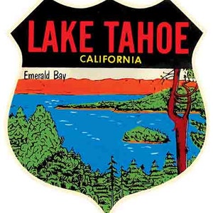 Vintage 50er Jahre Stil Lake Tahoe CA California Emerald Bay NV Nevada Reise Aufkleber Aufkleber Zustand Karte