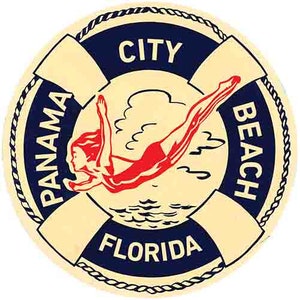 May include: A vintage style, round, yellow and blue life preserver with a red and white silhouette of a person diving into water. The text "CITY BEACH PANAMA FLORIDA" is printed on the life preserver.