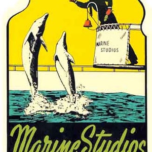 Könnte beinhalten: Ein Vintage-Reiseposter für Marine Studios Marineland in Florida. Das Poster zeigt einen gelben Hintergrund mit einem Cartoon-Bild eines Delfins, der aus dem Wasser springt. Der Text "Marine Studios Marineland, FLA." ist in roten und grünen Buchstaben am unteren Rand des Posters geschrieben.