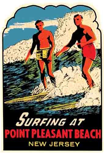 Vintage  1950's style  Surfing Point Pleasant Beach NJ New Jersey    retro  travel decal  sticker state map