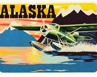 Vintage  1960's style  Alaska float plane  fishing  Anchorage   retro  travel decal  sticker state map