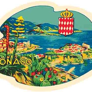 Vintage 1950 estilo Mónaco Francia retro viaje calcomanía etiqueta engomada mapa del estado