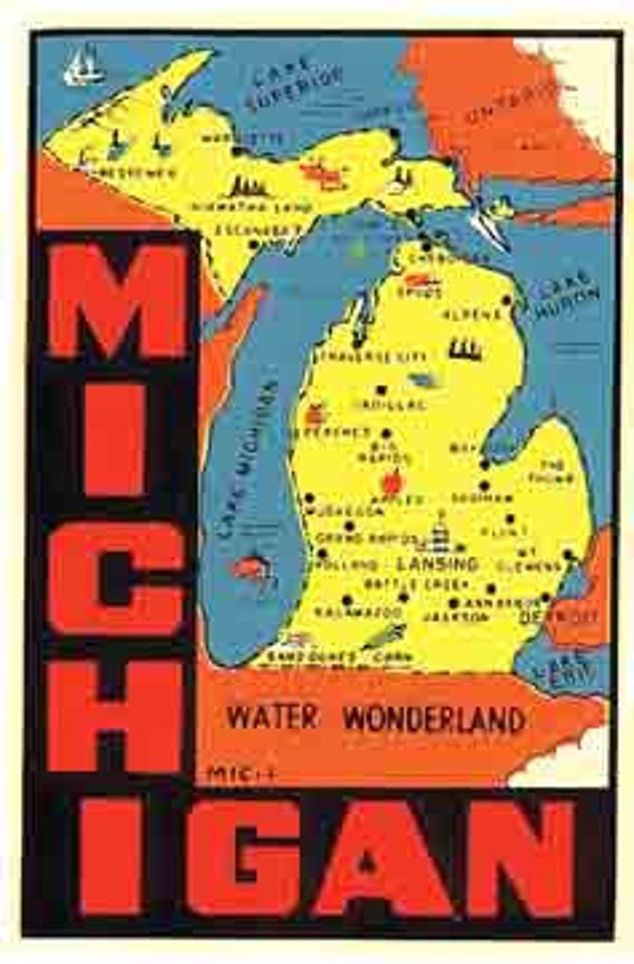 Vintage-style Michigan Water Wonderland map sticker