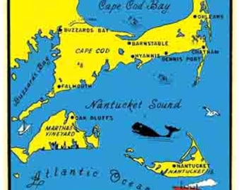 Vintage 1960's style Cape Cod Nantucket Island Massachusetts retro travel decal sticker state map