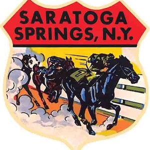 Style vintage des années 1950 Saratoga Springs NY New York courses de chevaux équestres voyage rétro sticker carte de l'état