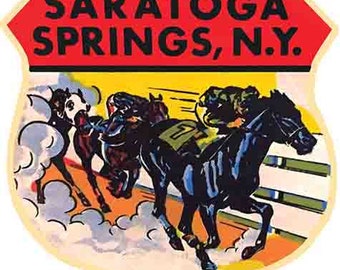 Vintage  1950's style   Saratoga Springs NY New York horse racing equestrian   retro  travel decal  sticker state map
