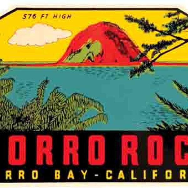 Vintage  1950's style  Morro Rock bay Monterey  California CA      retro  travel decal  sticker state map