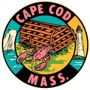 Adesivo da viaggio retrò con aragosta, stile vintage anni '50, mappa dello stato di Cape Cod, Massachusetts
