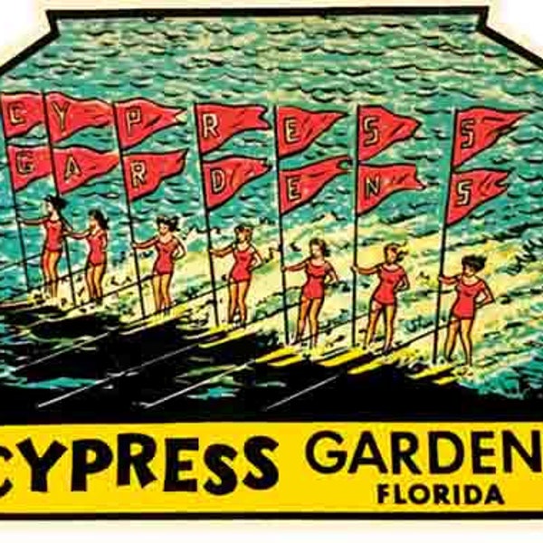 Vintage  1950's style   Florida Cypress Gardens water skiing girls lineup     retro  travel decal  sticker state map