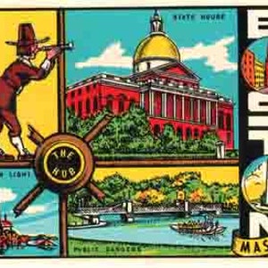 vintage années 1950 style Boston MA Massachusetts Patriots Plymouth Rock rétro voyage autocollant autocollant carte de l'état