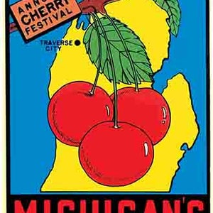 vintage style années 1960 Traverse City Michigan MI Cherry Festival rétro voyage autocollant autocollant carte de l’état