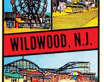 Vintage  1950's style  Wildwood NJ New Jersey shore coast beach boardwalk  retro  travel decal  sticker state map