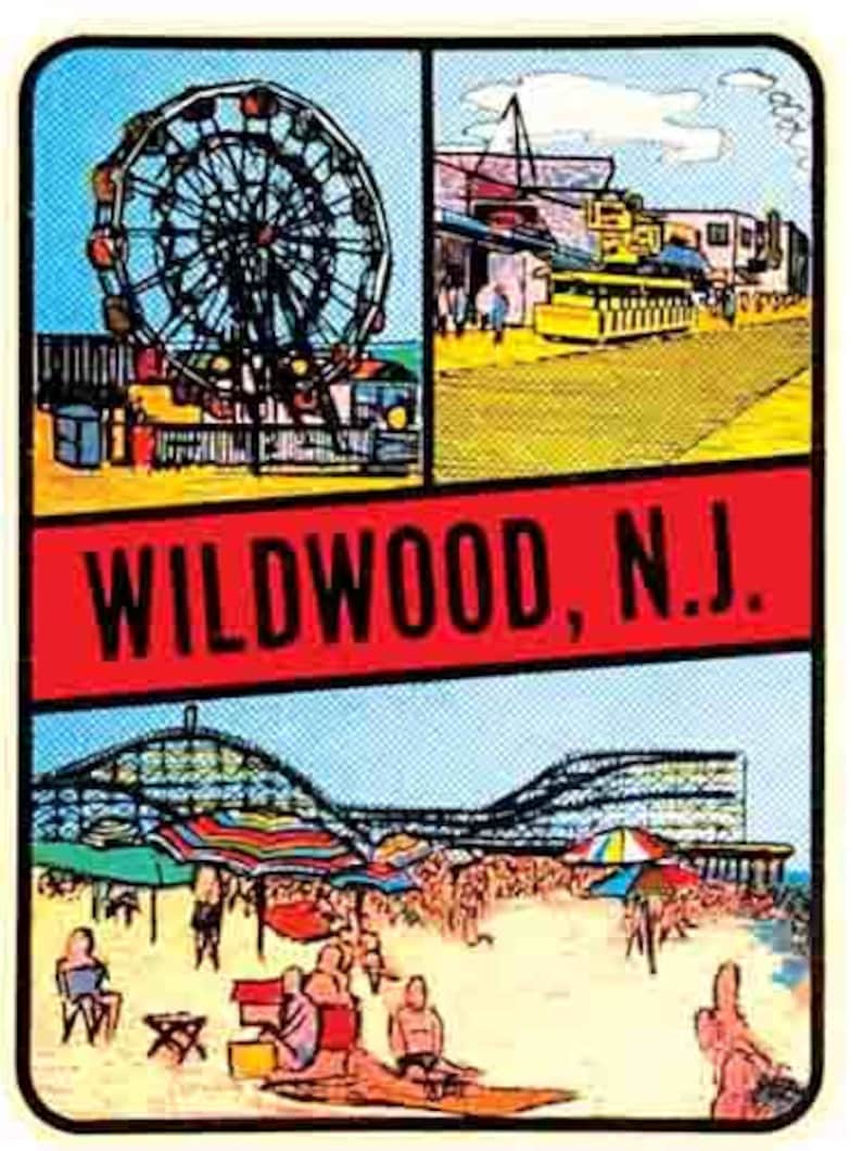 May include: A vintage postcard featuring a colorful illustration of the Wildwood boardwalk in New Jersey. The postcard shows a Ferris wheel, a roller coaster, beach umbrellas, and people enjoying the summer sun. The text "WILDWOOD, N.J." is printed in red letters on a yellow background.