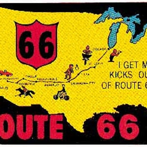 Naklejka podróżna retro z mapą stanu z lat 50. z Los Angeles do Chicago na autostradzie US Route 66