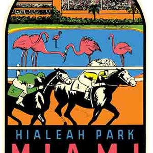 以下が含まれることがあります： マイアミ、フロリダ州のハイアリアパークで行われる競馬を描いた、ビンテージの旅行ポスター。ポスターには、騎手付きの馬2頭、ピンクのフラミンゴ、競馬場の景色が描かれている。