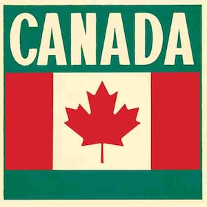 May include: A red maple leaf on a white background with red and white stripes on either side. The word "CANADA" is written in white letters on a green background.