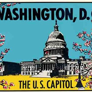 Vintage jaren 1950 stijl Washington DC Capitol Building retro reis sticker sticker staat kaart