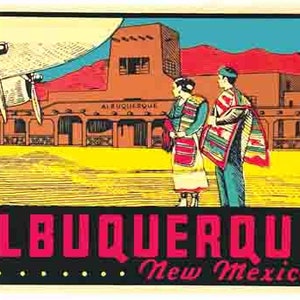 May include: Vintage travel poster featuring a red, white, and blue airplane flying over a building with the text "Albuquerque" and "New Mexico". Two people in traditional clothing stand in front of the building.