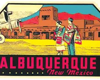 Vintage  1950's style  Albuquerque NM  New Mexico  Route 66 retro  travel decal  sticker state map
