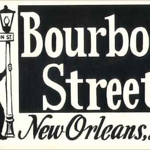 Estilo vintage dos anos 1950, Nova Orleans, LA Bourbon Street, Mardi Gras, adesivo retrô de viagem, mapa do estado