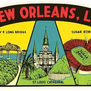 Vintage 1950 Stil New Orleans LA Bourbon Street Kathedrale Sugar Bowl retro Reise Aufkleber Aufkleber Zustand Karte