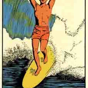 May include: A vintage travel poster featuring a man surfing on a yellow surfboard with a blue and green wave behind him. The poster reads "NEWPORT BEACH CALIFORNIA".