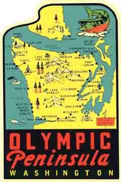 Vintage  1950's style   Olympic Peninsula WA  Washington   retro  travel decal  sticker state map