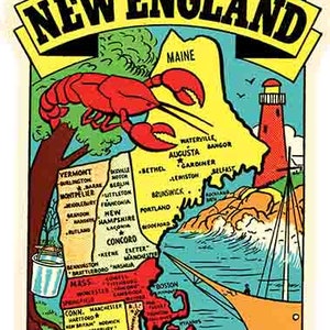 Peut inclure: Une illustration vintage d'une carte de la Nouvelle-Angleterre avec les États du Maine, du Vermont, du New Hampshire, du Massachusetts, du Connecticut et du Rhode Island. La carte est entourée d'une bordure jaune avec les mots "Nouvelle-Angleterre" en lettres noires. Il y a un homard, un phare et un voilier sur l'image.