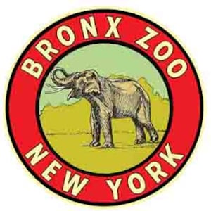 Puede incluir: Una pegatina circular roja y blanca con las palabras "BRONX ZOO NEW YORK" alrededor del borde. Una ilustración de un elefante está en el centro de la pegatina.