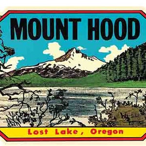 May include: Vintage postcard featuring a scenic view of Mount Hood, a snow-capped mountain, with a lake in the foreground and a forest in the background. The text "Mount Hood" is printed in bold black letters at the top of the postcard, and the text "Lost Lake, Oregon" is printed in yellow letters at the bottom.