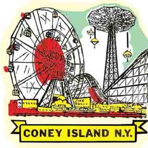 vintage années 1950 style Coney Island NY New York Steeplechase Amusement Park montagnes russes rétro voyage autocollant autocollant carte de l'état