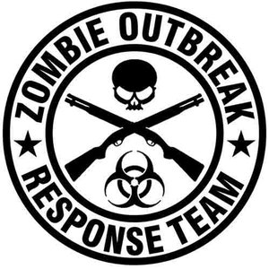 Puede incluir: Diseño gráfico en blanco y negro de una calavera con huesos cruzados, un símbolo de riesgo biológico y el texto "Zombie Outbreak Response Team".
