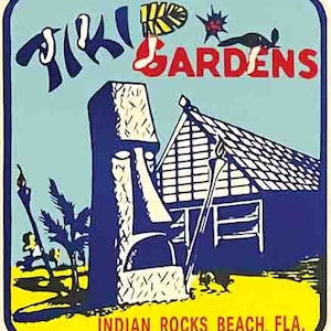Vintage jaren 1950 stijl Tiki Gardens Florida FL Indian Rocks Beach retro reissticker sticker staat kaart