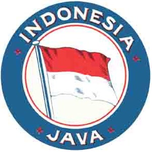 Puede incluir: Un emblema circular azul y blanco con la palabra "INDONESIA" en un círculo blanco alrededor del borde y la palabra "JAVA" en un círculo blanco en la parte inferior. Una bandera roja y blanca ondea en el centro del círculo.