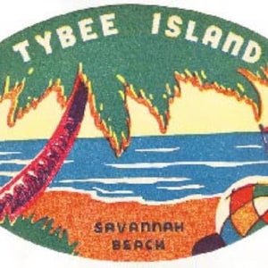 May include: Vintage oval-shaped sticker with a beach scene. The sticker features a palm tree, a hammock, a beach ball, and the text "Tybee Island Savannah Beach".