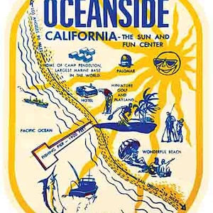 Puede incluir: Impresión artística de viaje vintage de Oceanside, California. La imagen presenta un mapa con ilustraciones de atracciones locales, incluyendo un muelle de pesca, una playa y un campo de golf. El texto dice "Oceanside, California - The Sun and Fun Center."