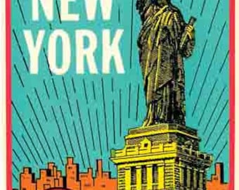 Vintage  1950's style   New York City  Statue Of Liberty  NYC   retro  travel decal  sticker state map