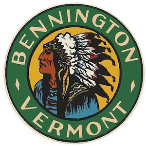 Naklejka podróżna w stylu retro z lat 50. Bennington VT Vermont, mapa stanu