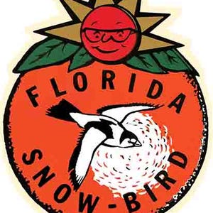 Calcomanía de viaje retro con mapa del estado de Florida Snowbird FL, estilo vintage de los años 50