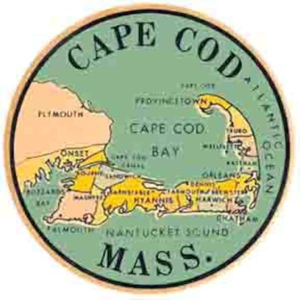 Vintage  1950's style  Cape Cod Massachusetts        retro  travel decal  sticker state map