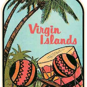 Adesivo de viagem retrô estilo vintage dos anos 1950 nas Ilhas Virgens Americanas e Caribe, mapa do estado