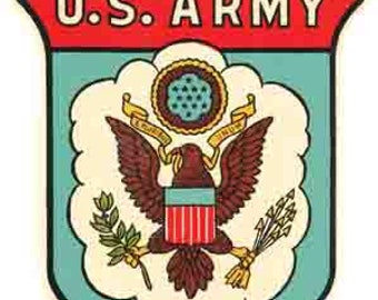 May include: A red shield with the words "U.S. ARMY" in white lettering. Inside the shield is a blue and white cloud with a bald eagle holding a bundle of arrows in one talon and an olive branch in the other. The eagle is perched on a blue and white striped banner with the words "E Pluribus Unum" in white lettering.