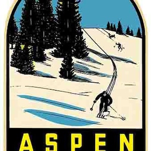 Calcomanía de viaje retro estilo años 60 para esquiar en la nieve en Aspen, Colorado, con mapa del estado.