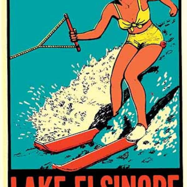 Vintage  1950's style  Lake Elsinore  CA  California  water skiing     retro  travel decal  sticker state map