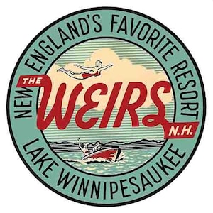 Vintage estilo de 1950 Weirs Beach NH New Hampshire Lake Winnipesaukee New England retro de viaje calcomanía pegatina mapa estatal