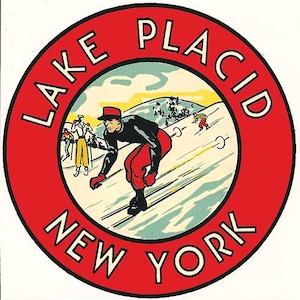 Vintage estilo de 1950 Lake Placid NY Nueva York esquí de nieve Juegos Olímpicos Baño Belleza retro viaje calcomanía pegatina estado