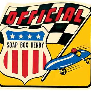 May include: A yellow and white sticker with a blue and red shield that says "Soap Box Derby" and a checkered flag that says "OFFICIAL". A blue race car with a red helmet driver is in the background.