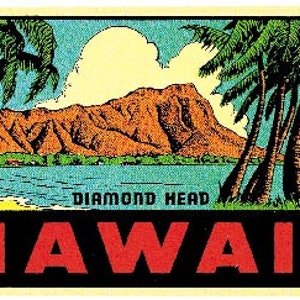 Vintage jaren 1950-stijl Hawaii Waikiki Beach Diamond Head Surfing retro reissticker sticker staat kaart