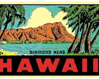 Vintage  1950's style Hawaii  Waikiki Beach Diamond Head    Surfing     retro  travel decal   sticker state map