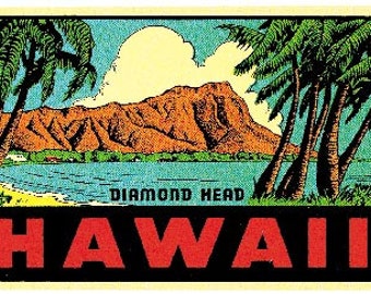 Vintage  1950's style Hawaii  Waikiki Beach Diamond Head    Surfing     retro  travel decal   sticker state map